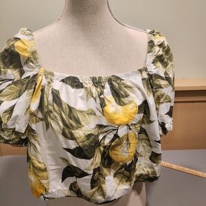 Women's Yellow Leaf-Print Off-Shoulder Top